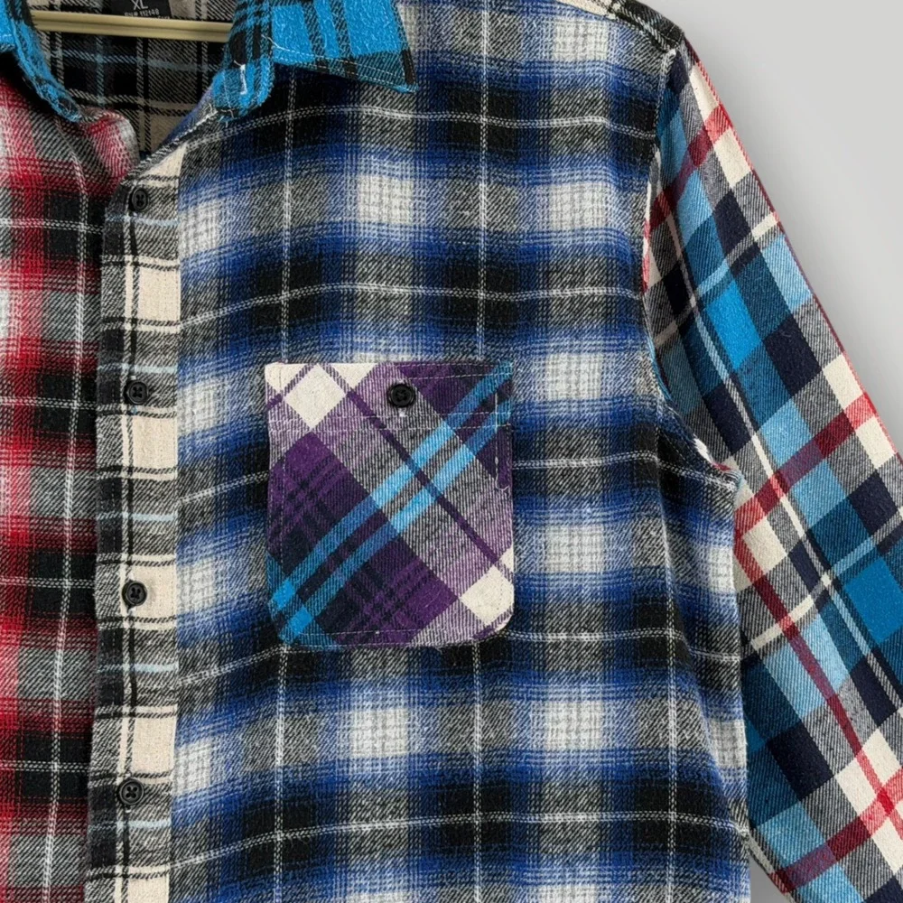 National Outfitters Mens XL Patchwork Plaid Flannel Shirt Multi Color Cotton
